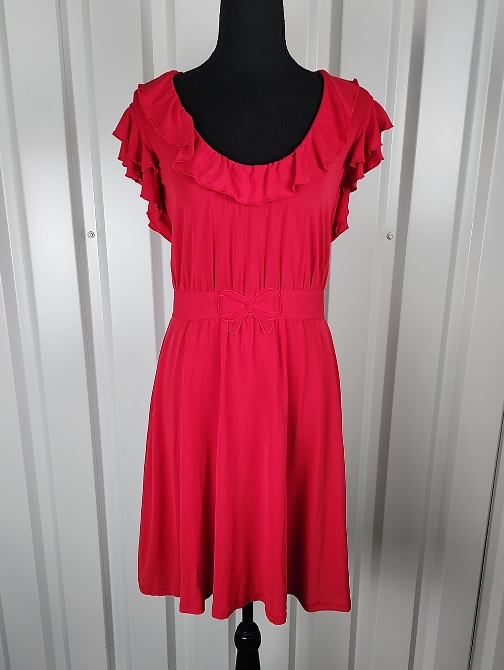 RED Valentino Mini Dress Red Ruffled Scoop Bow Waist Womens Sz Med Girly Stretch